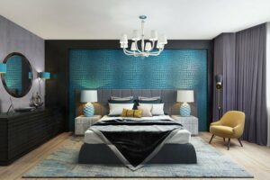 ترکیب رنگ اتاق خواب آبی و خاکستری